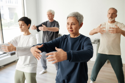 Adults taking part in a group movement and balance exercise session