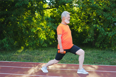Older man performing a lunge outdoors while holding light dumbbells